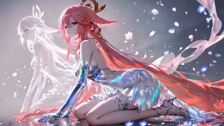 粉发八重神子镜面光影幻彩礼服动漫人物壁纸