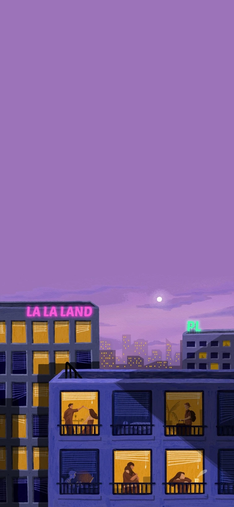 紫调黄昏城市楼宇文艺插画手机壁纸