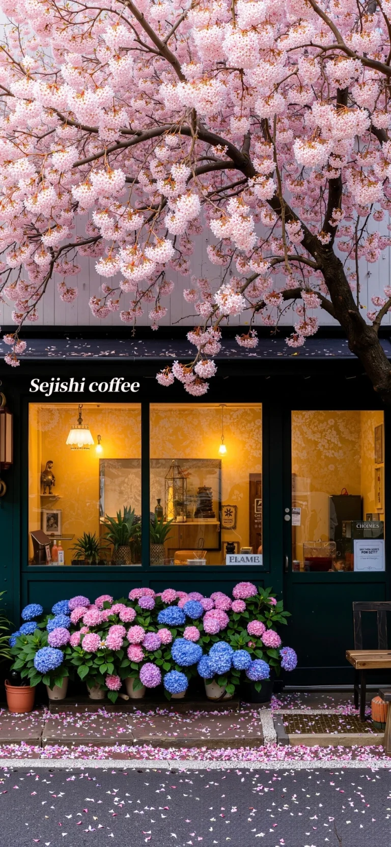 樱花绣球花咖啡店治愈风景高清手机壁纸