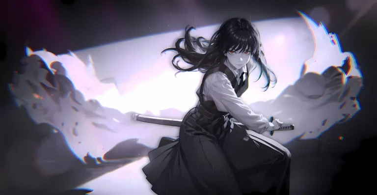 黑白红瞳武士少女持武士刀故障风动漫插画