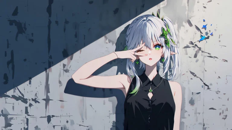 白长发精灵少女比耶涂鸦墙面清新二次元插画