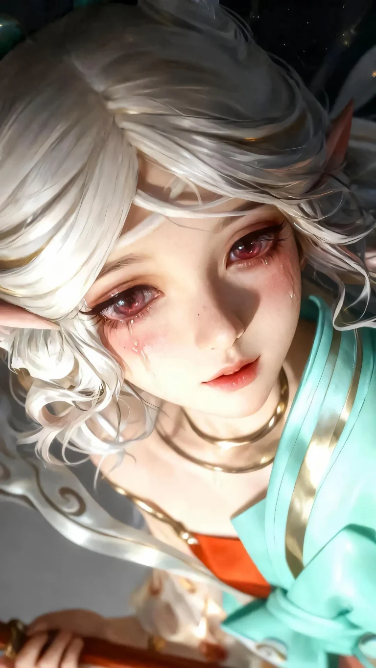 白发尖耳精灵少女含泪厚涂插画手机壁纸