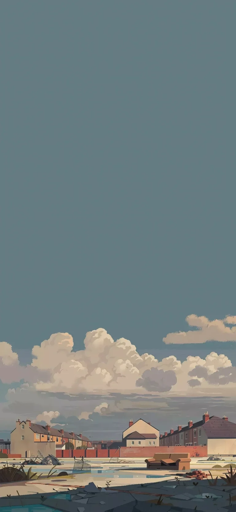 废墟小镇蓝天白云治愈插画高清手机壁纸