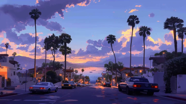 紫霞暮色海岸小镇公路美式风景原画