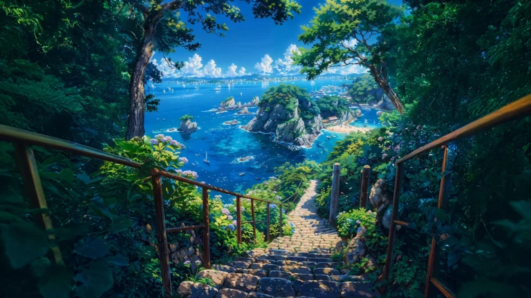 晴空白云山林石阶通往滨海小镇动漫壁纸