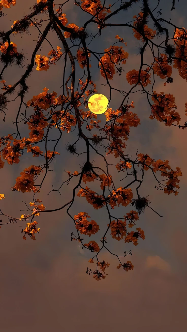 圆月穿过金黄花枝暮色暖调夜空唯美花卉夜景