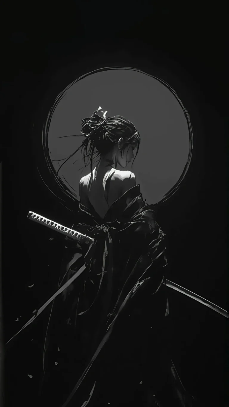 黑白水墨古风持刀女武士圆月剪影冷峻插画