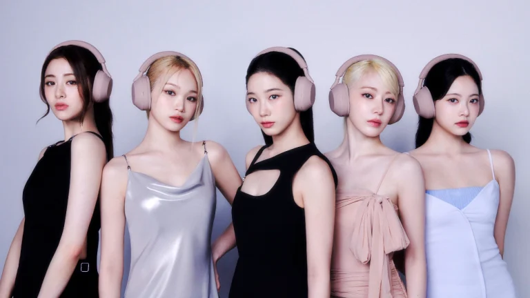 浅灰极简棚拍头戴耳机女团五人 4K 壁纸