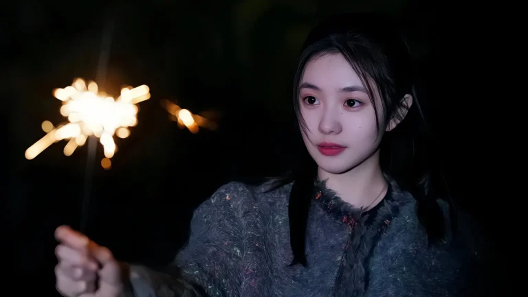 夜晚手持仙女棒清冷少女人像写真 4K 电脑壁纸