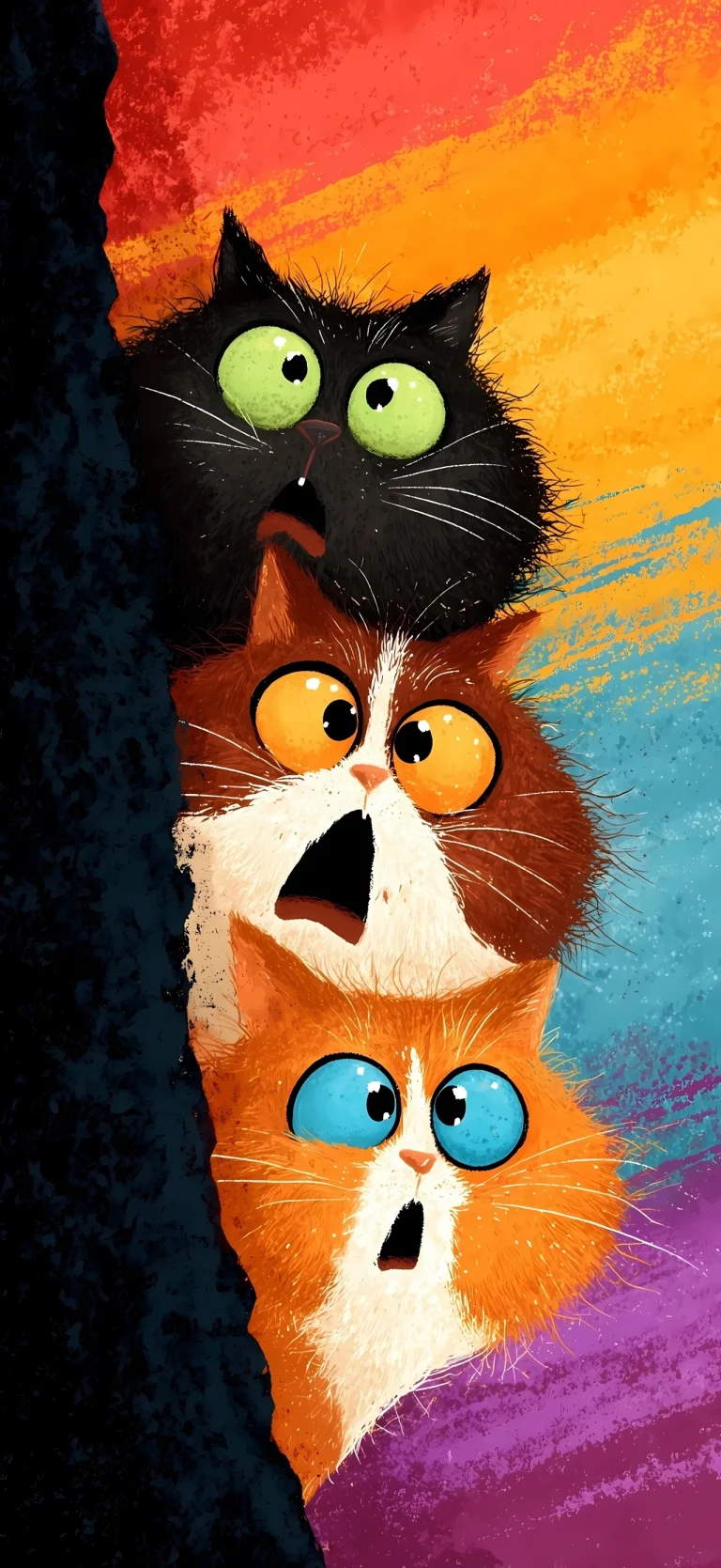 三色惊讶小猫探头彩虹渐变插画高清手机壁纸