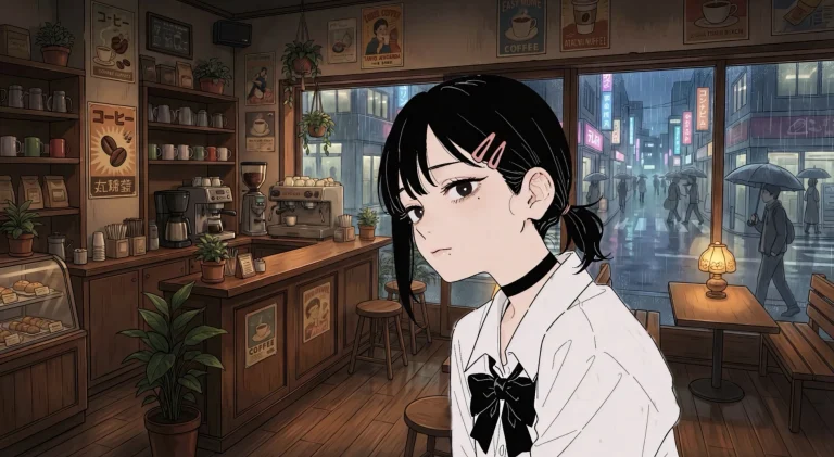 雨天都市街道复古咖啡店 JK 少女场景原画
