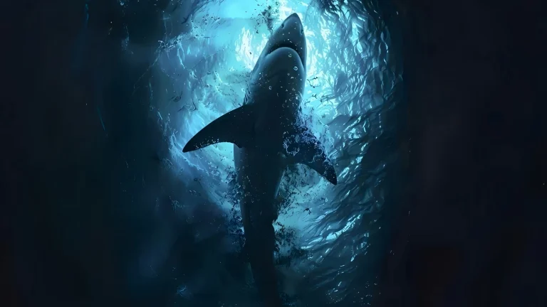海底隧道蓝光巨鲨向上游动暗黑风插画
