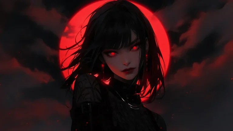 红月暗黑齐刘海红眼酷飒少女AI插画