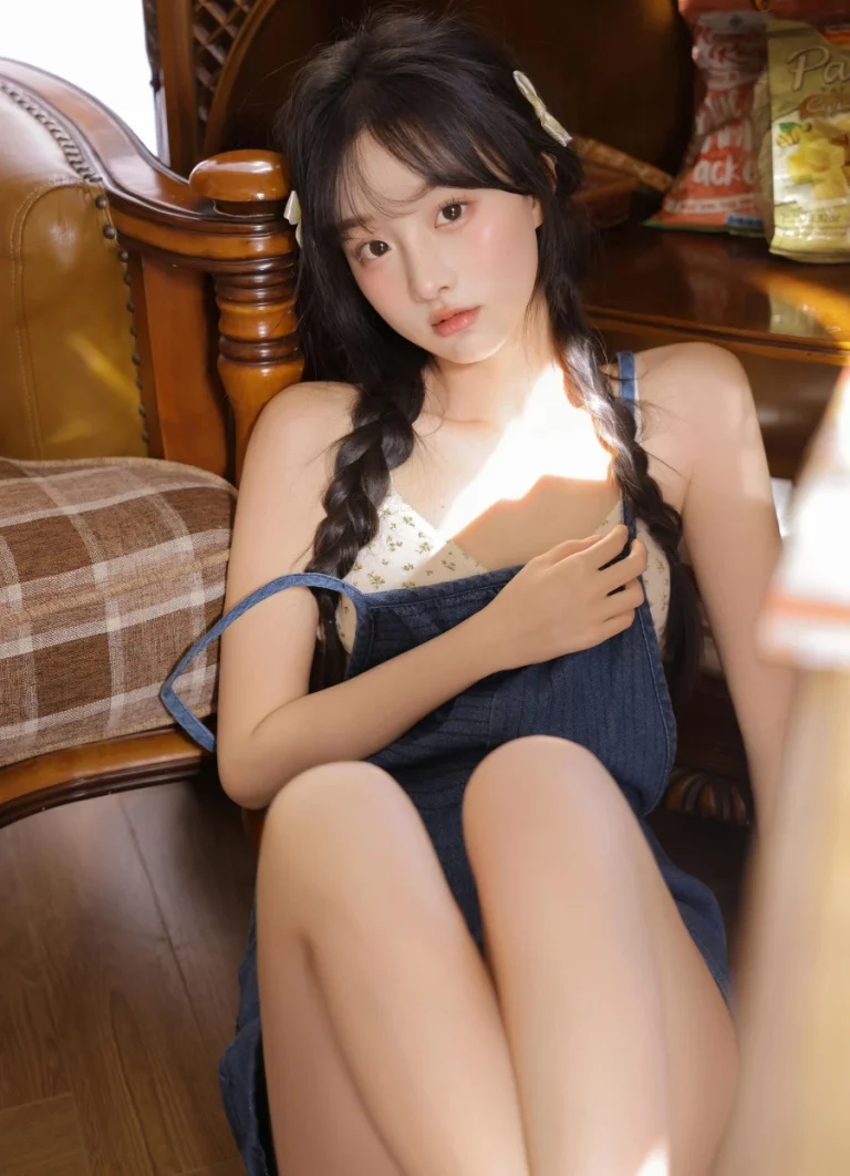 双麻花辫牛仔背带裙少女写真手机壁纸
