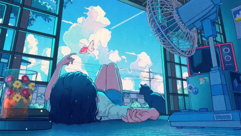 夏日窗边少女与悬浮金鱼治愈日系插画