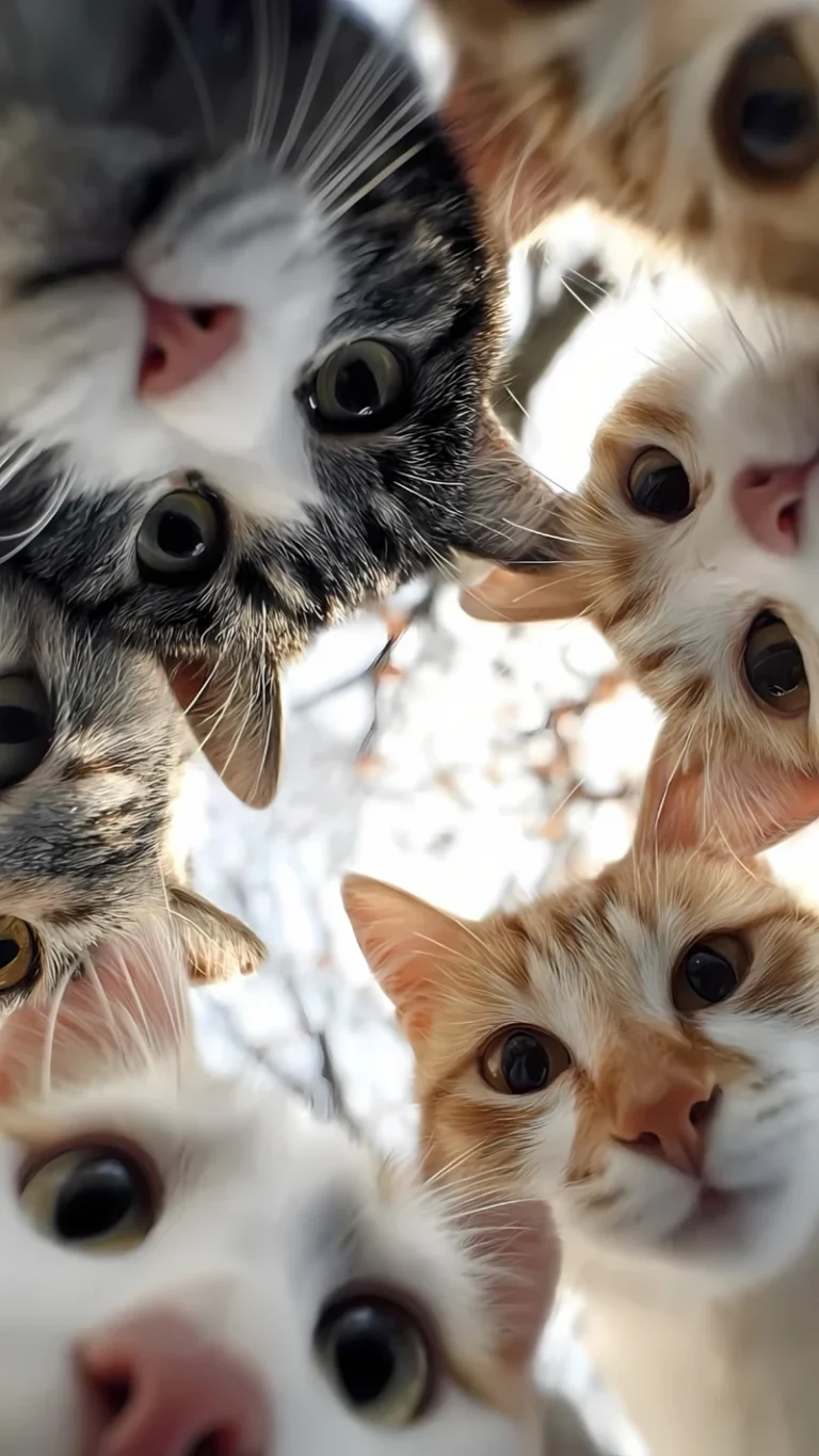 多只可爱猫咪近距离围好奇探头特写画面