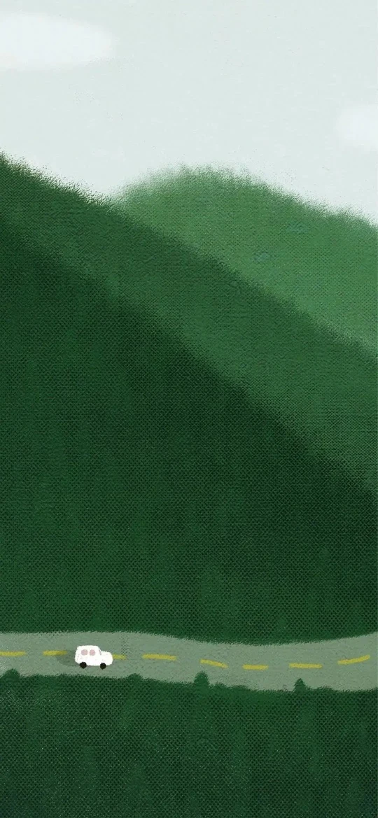 深绿层叠山丘公路小白车肌理手绘治愈竖版风景壁纸
