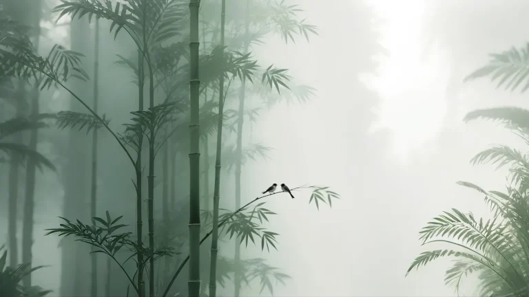 浅绿雾境竹林两只山雀留白禅意古风 4K 电脑壁纸