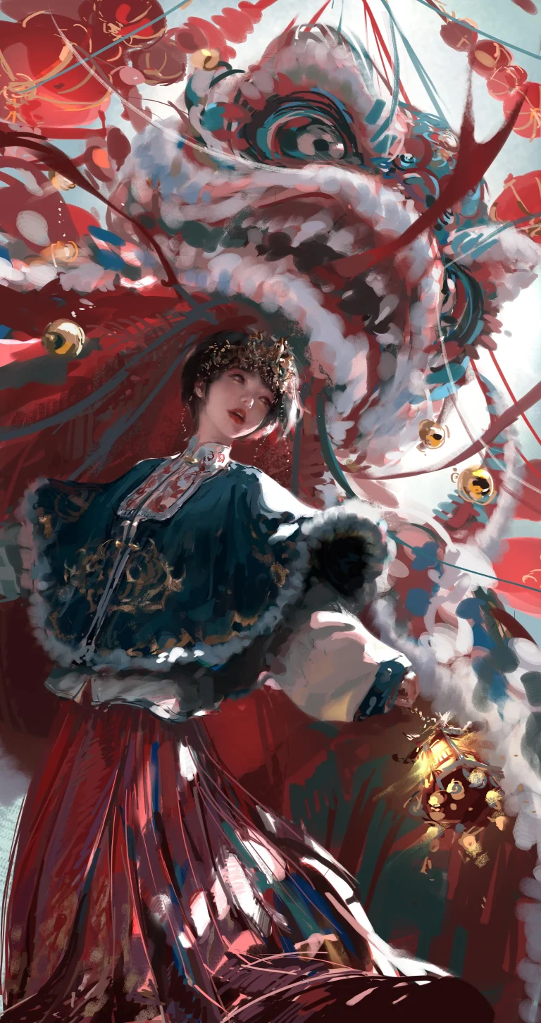 国风醒狮汉服少女新年厚涂插画手机壁纸
