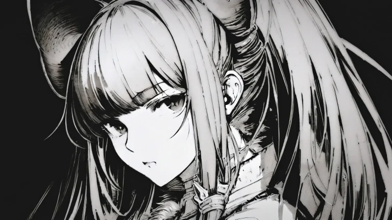手绘速写质感兽耳长发少女黑白插画