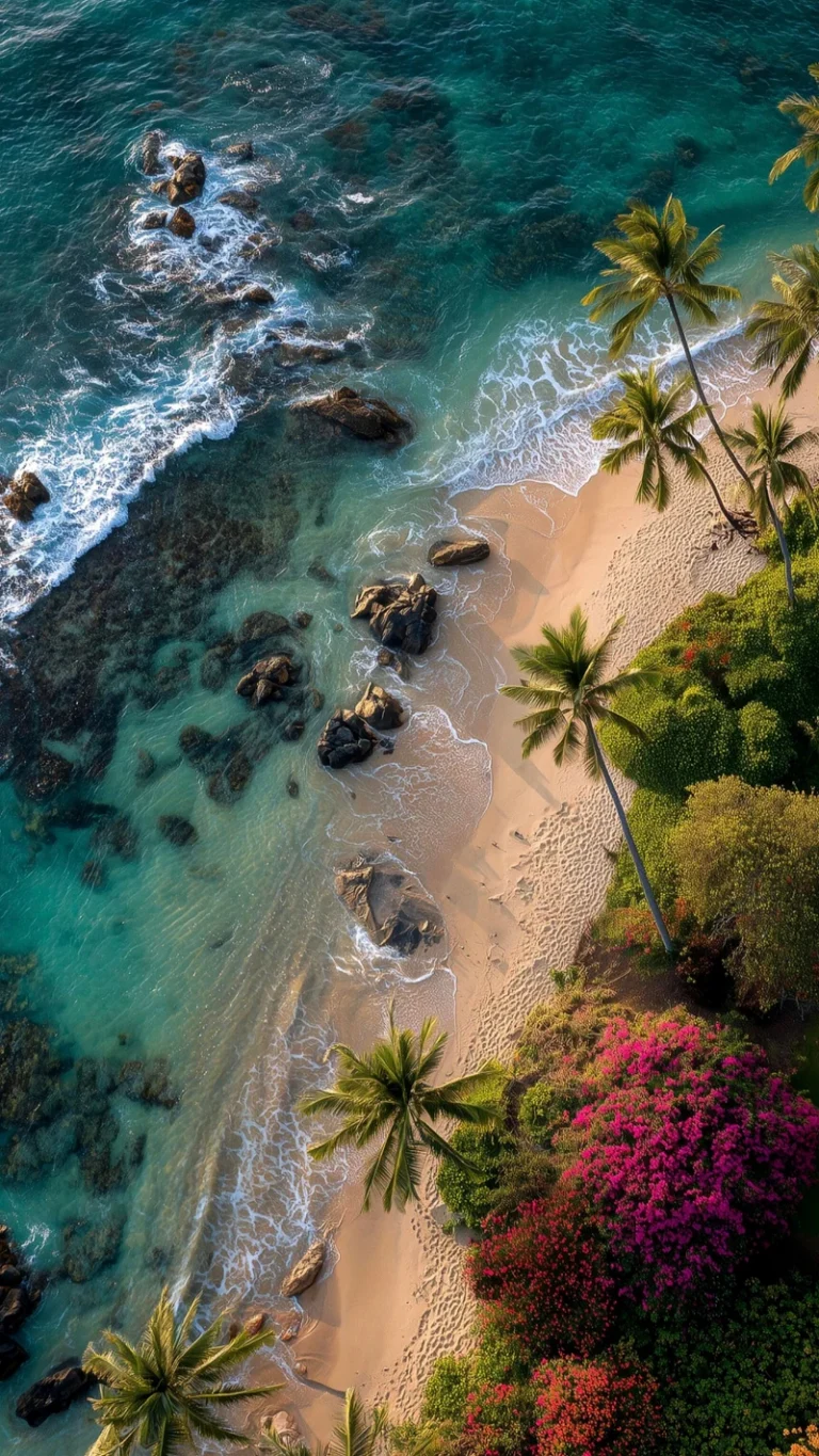 航拍热带海岛椰林鲜花碧海沙滩绝美风景