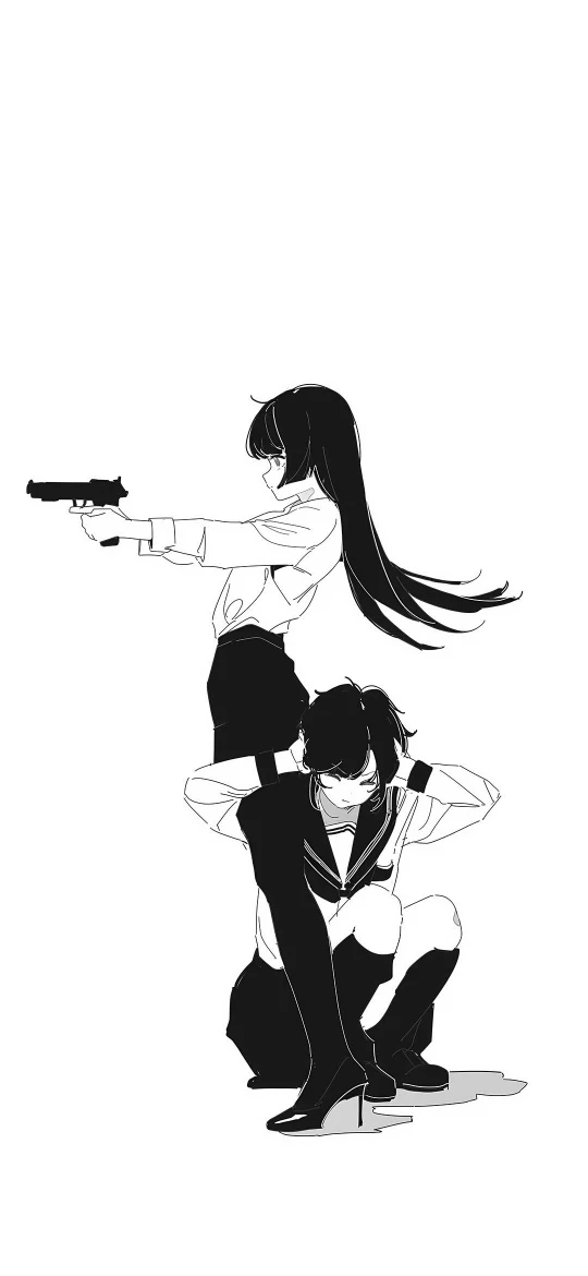 黑白线稿持枪长发少女与水手服女生手机壁纸