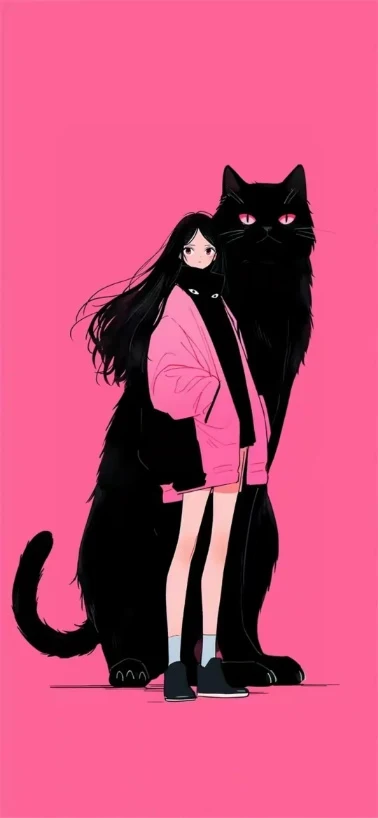 玫红背景少女与巨型黑猫插画手机壁纸