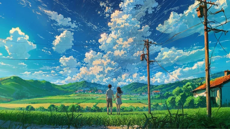 晴空白云乡间田野少年少女牵手背影原画