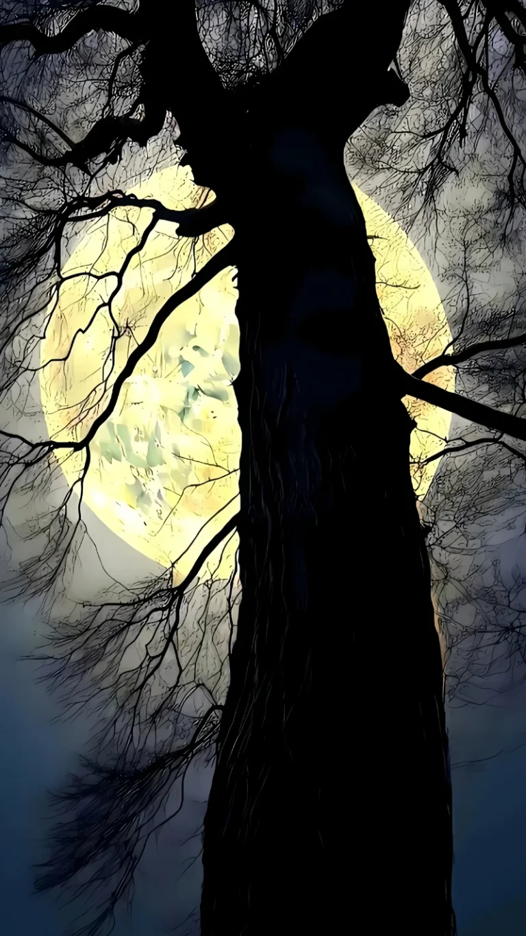 枯树剪影映衬圆月冷调静谧月夜国风插画