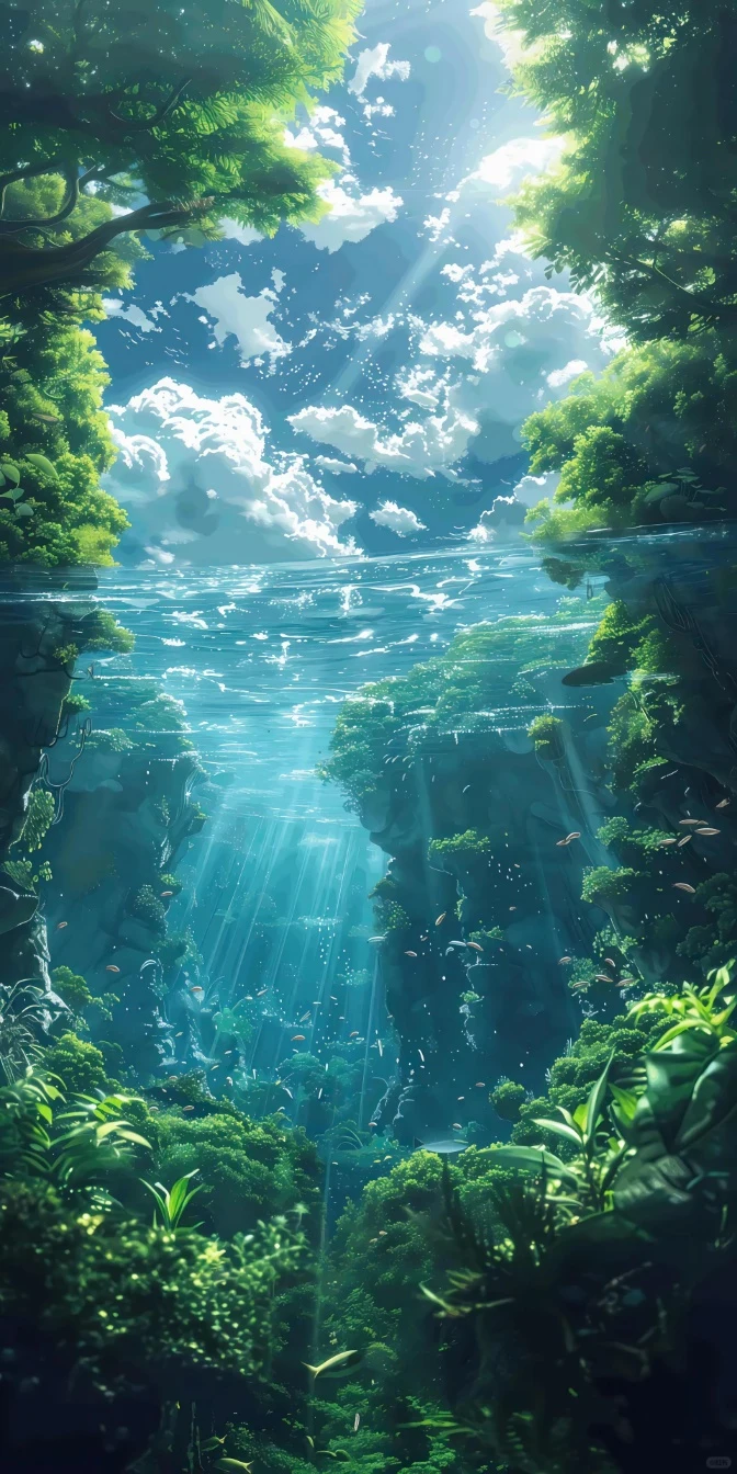 水陆共生森林海底光影治愈插画手机壁纸