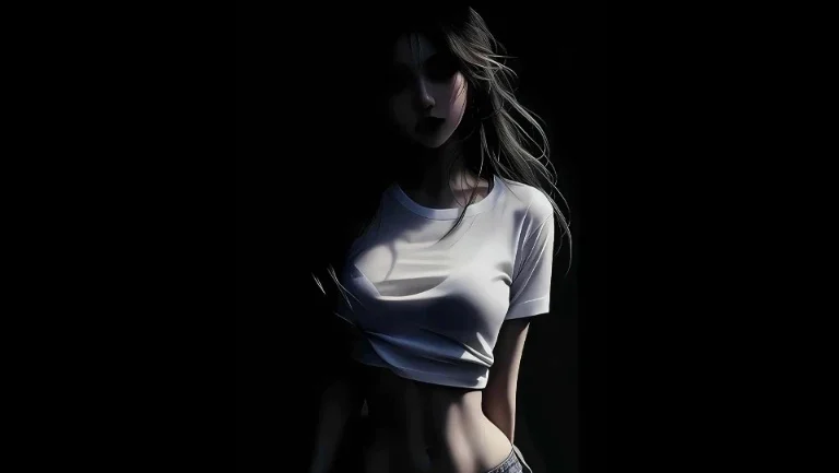 黑底光影白 T 恤酷飒长发少女插画 4K 电脑壁纸