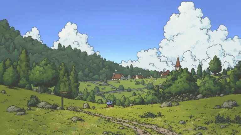 青山绿野钟楼小镇独行旅人奇幻动漫插画