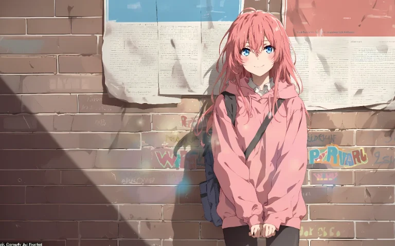 蓝瞳粉色长发少女靠墙治愈插画