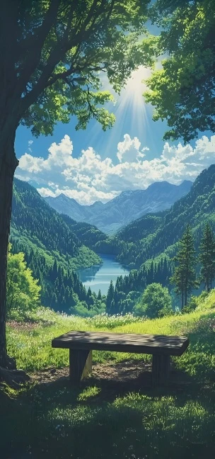 林间木椅山湖丁达尔阳光清新竖版 4K 风景壁纸