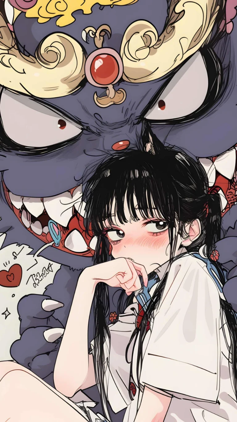 二次元少女与凶兽国潮手绘插画