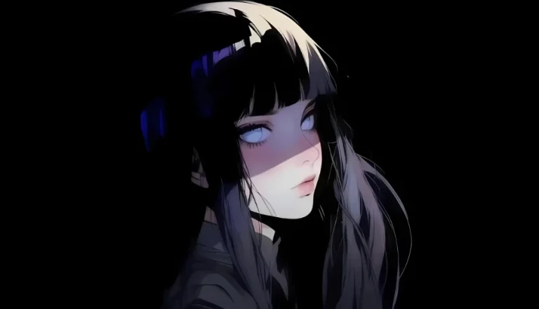 纯白瞳孔黑发少女极简黑色背景壁纸