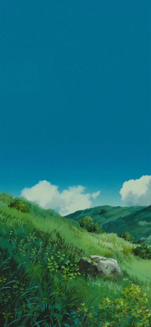 夏日青草地山丘白云治愈插画手机壁纸