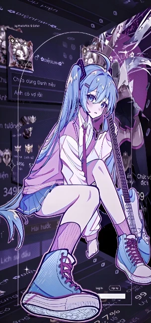 紫调游戏界面初音未来 JK 双马尾蹲姿竖版 4K 壁纸