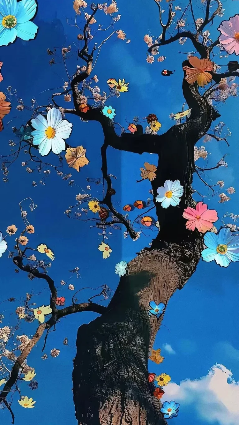 艺术彩绘繁花老树蓝天创意唯美插画