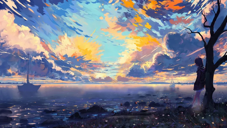 海边少女绚烂晚霞海面帆船治愈系动漫风景