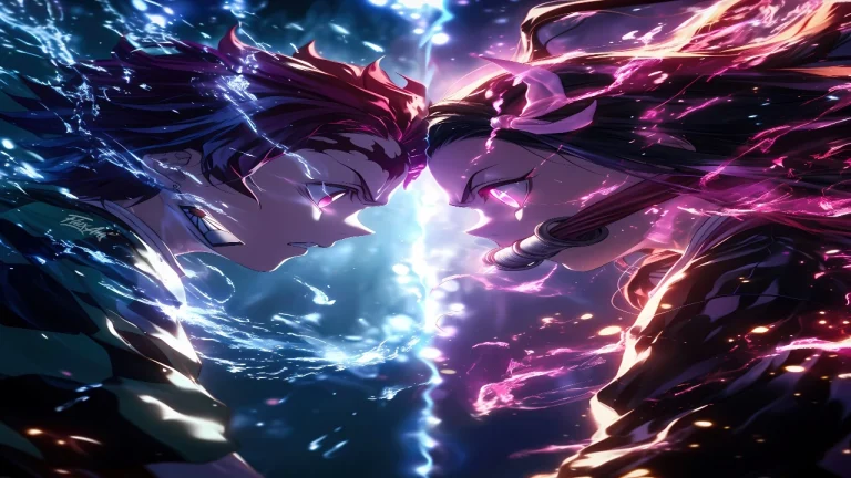 鬼灭炭治郎祢豆子蓝粉特效对视热血横版 4K 壁纸