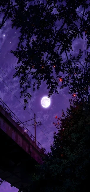 紫调满月天桥树枝电线杆治愈竖版 4K 夜景壁纸