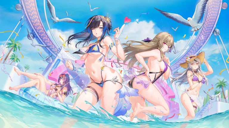 夏日水上乐园泳装少女群像二次元插画 4K 电脑壁纸