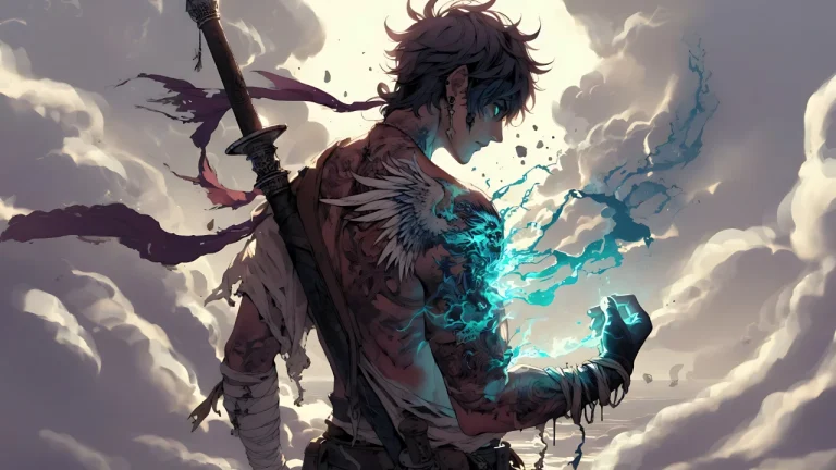 云海之上纹身武士少年手臂迸发青蓝色灵力插画