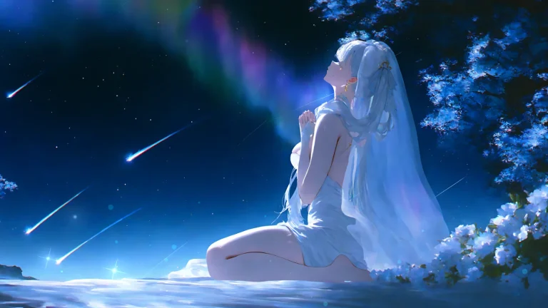 双马尾头纱白衣少女水边祈愿流星蓝调夜景动漫原画