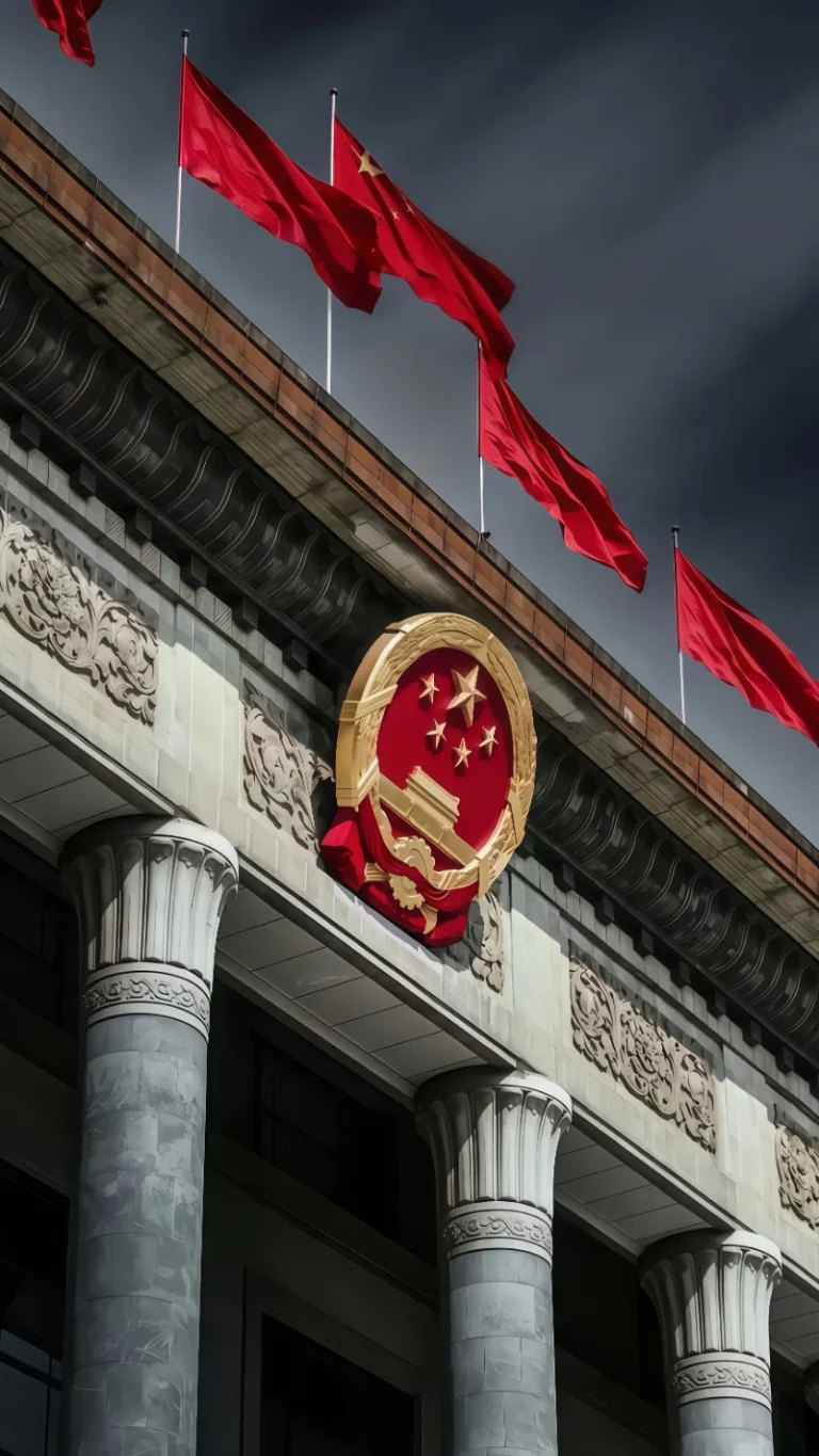 灰调云层下悬挂国徽飘扬红旗庄重建筑实拍画面