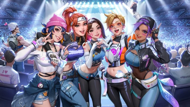 电竞舞台五少女偶像打歌服赛场聚光灯横版 4K 游戏原画