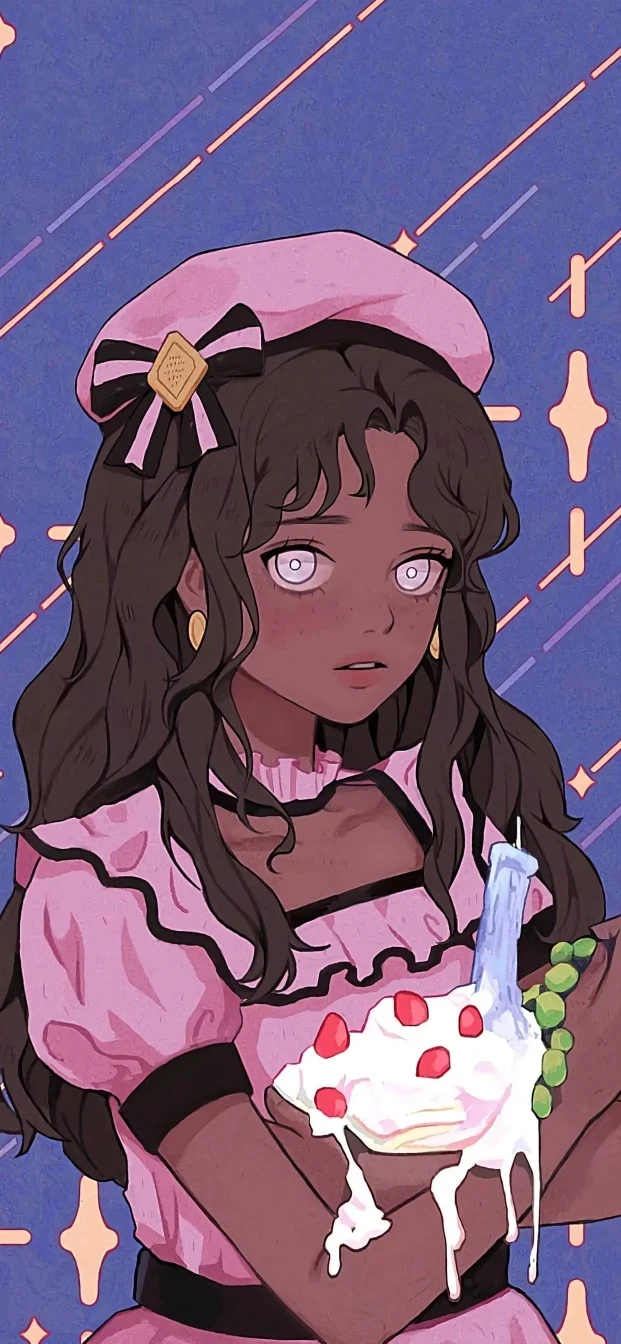 粉贝雷帽蛋糕黑皮少女复古美式动漫竖版治愈人物壁纸