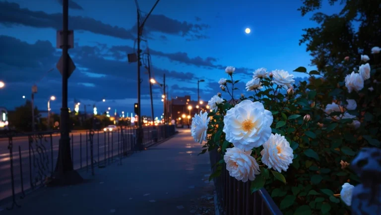清冷蓝调傍晚街边步道白玫瑰灌木圆月夜空小众治愈城市电脑高清 4K 电脑壁纸