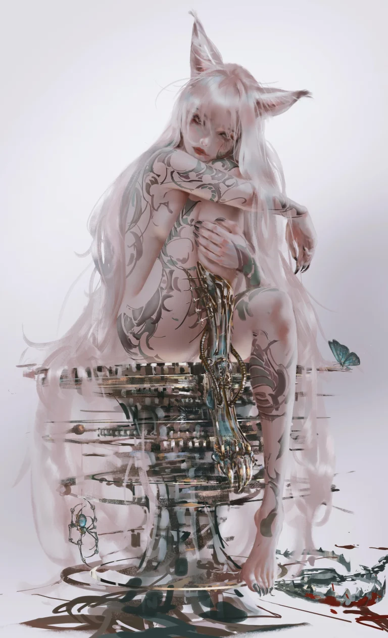 白发狐耳纹身少女机械义肢厚涂插画手机壁纸